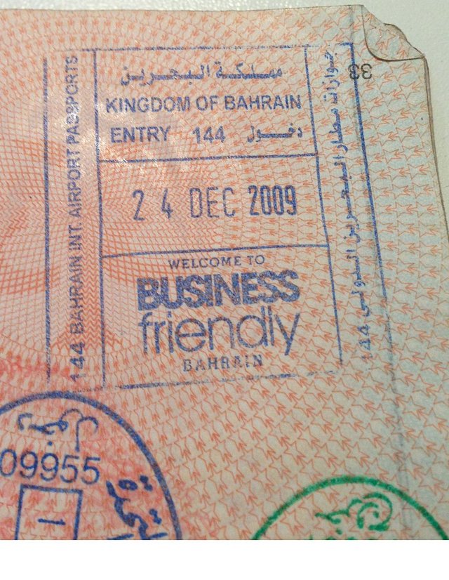 Business Friendly Bahrain slogan as seen on entry stamp. Photograph by Amal Khalaf.